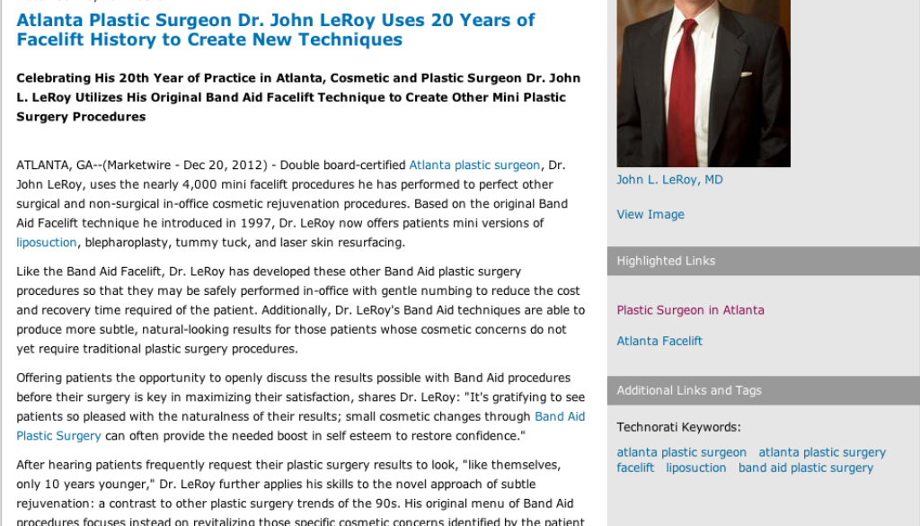 Atlanta Plastic Surgeon Dr. John LeRoy Uses 20 Years of Facelift History to Create New Techniques